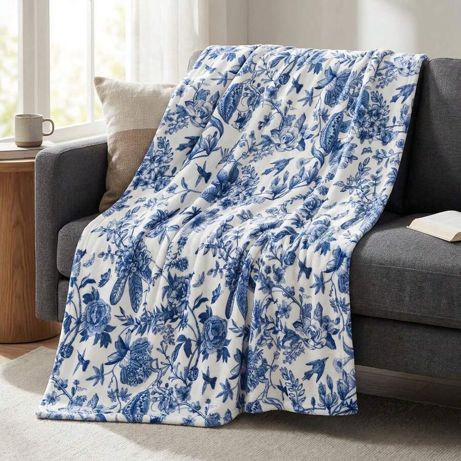 Spring & Summer Flannel Blanket, Soft Plush Wool Blanket With Blue Floral Hand-Painted Design, Suitable For Sofa, Bed, Rest, An Ideal Gift For Family And Yourself - Multicolor - View 1