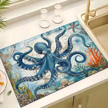 1pc Octopus Pattern Printed Absorbent Dish Drying Mat, Espresso Machine Countertop Absorbent Mat, Sink Drain Mat, Soft Faucet Absorbent Mat, Sink Cup Mat, Home & Kitchen, Bathroom Accessories - Multicolor - View 3
