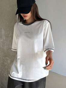 Women's & Men's  Camiseta de mujer de manga corta, corte holgado, con impresión de letras en color contrastante y decoración de puntadas, para el verano - Blanco - Ver 1