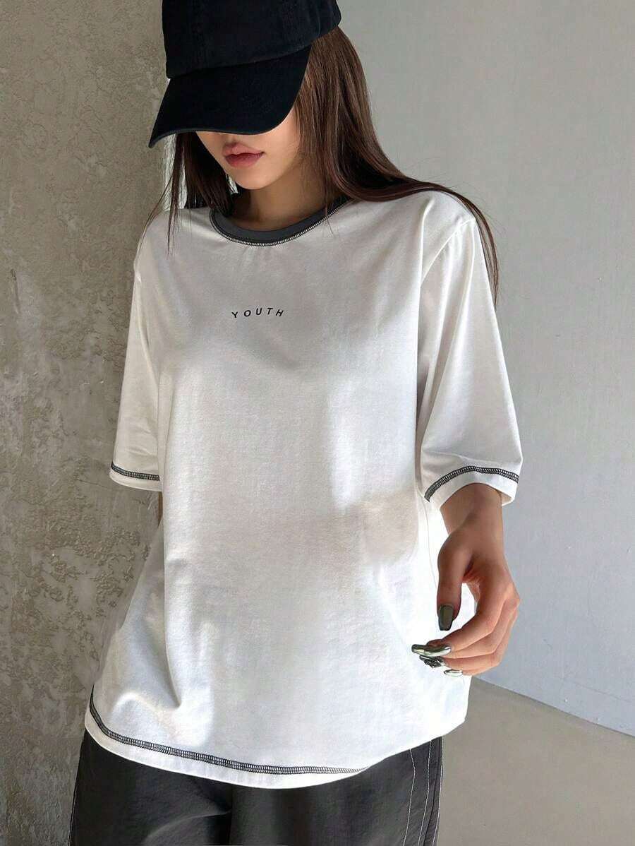 Women's & Men's Camiseta de mujer de manga corta, corte holgado, con impresión de letras en color contrastante y decoración de puntadas, para el verano - Blanco - Ver 1