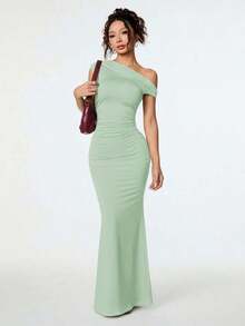 Ropa de verano, atuendos para citas diarias y viajes, atuendos de fiesta, ropa interior elegante para mujeres, atuendos para salir, vestido asimétrico con hombros caídos y cola de pez extra larga, atuendos de club para mujeres, atuendos para - verde menta - Ver 9