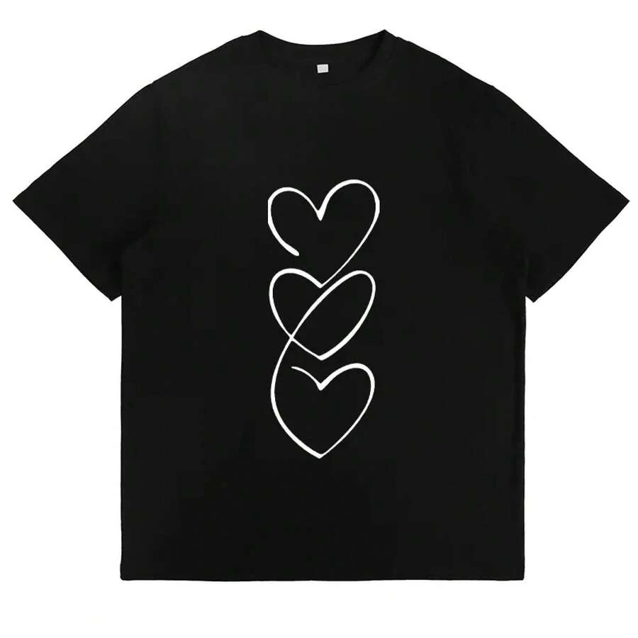 Heart Design T-Shirt, Minimalist And Romantic Style, Cute Valentine's Day T-Shirt, Casual Everyday Wear For Women - 黑色 - 查看 1