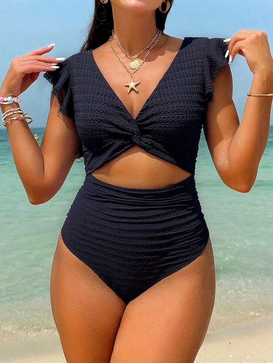 Traje de baño de una sola pieza con corte retorcido y recorte frontal, estampado a rayas para mujer en la playa en verano - Negro - Ver 1