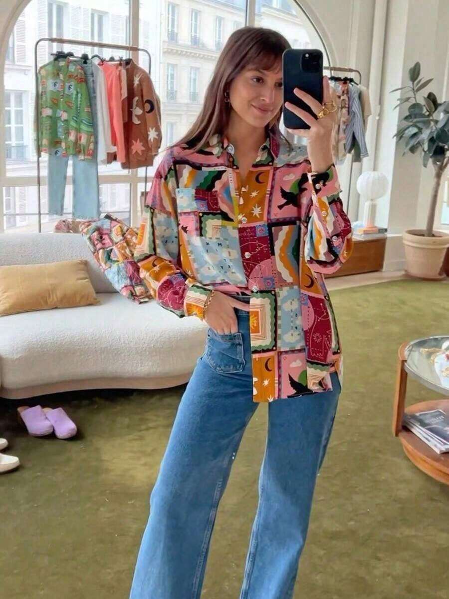 Camisa casual de mujer con estampado, cuello abierto y abotonadura sencilla - Multicolor - Ver 1