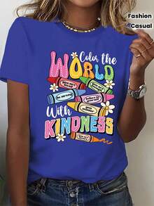(001 # ) Fashionable Women's T-Shirt, Printed Design, Round Neck, Casual Short Sleeve T-Shirt For Women - 黑色 - 查看 10