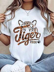 Women's Cotton T-Shirts With Tiger Pride Graphic Print, Casual Short-Sleeved Women's T-Shirt, Animal Print Top For School Events And Team Support, Women's Basic Blouses. - 白色 - 查看 1