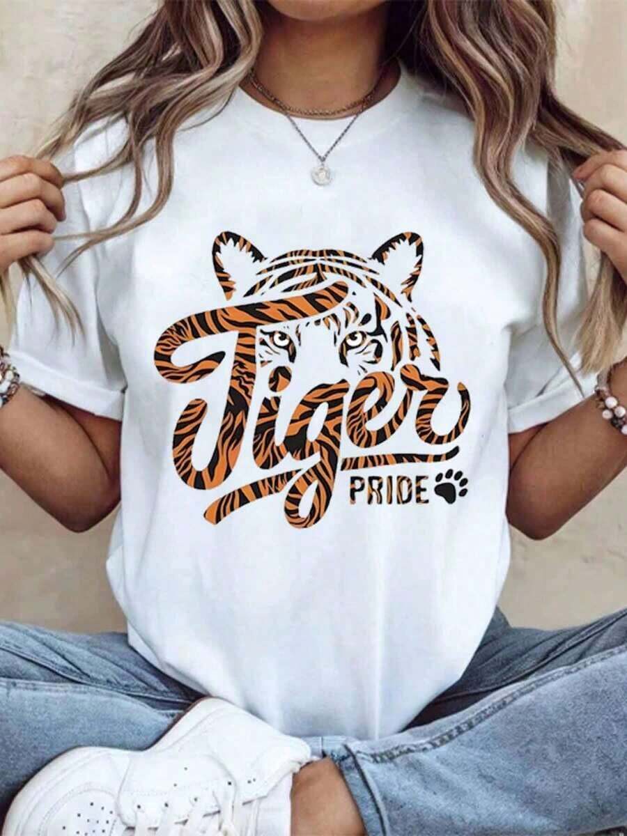 Women's Cotton T-Shirts With Tiger Pride Graphic Print, Casual Short-Sleeved Women's T-Shirt, Animal Print Top For School Events And Team Support, Women's Basic Blouses. - 白色 - 查看 1