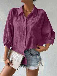 Camisa de mujer minimalista y casual de unicolor con botones delanteros, textura y hombros caídos - Morado - Ver 4