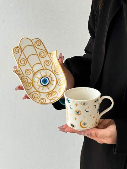 طقم فنجان وصحن قهوة سيراميك بتصميم عين الشيطان، مصنوع يدويًا بتصميم جمالي عالٍ، مناسب للمنزل والمطعم والمقهى - جميل وإبداعي وشخصي، فنجان إفطار وفنجان شاي وفنجان قهوة، هدية عيد ميلاد ومناسبات مثالية