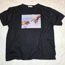 Romwe Michelangelo Adam/Hand of God Art Black Unisex graphic tee size Largeblusas para mujer playeras de mujer vestidos casuales para mujer y2k playeras deportivas para mujer verano camisetas ropa de mujer Fashion Perfect For Daily - Negro - Ver 6