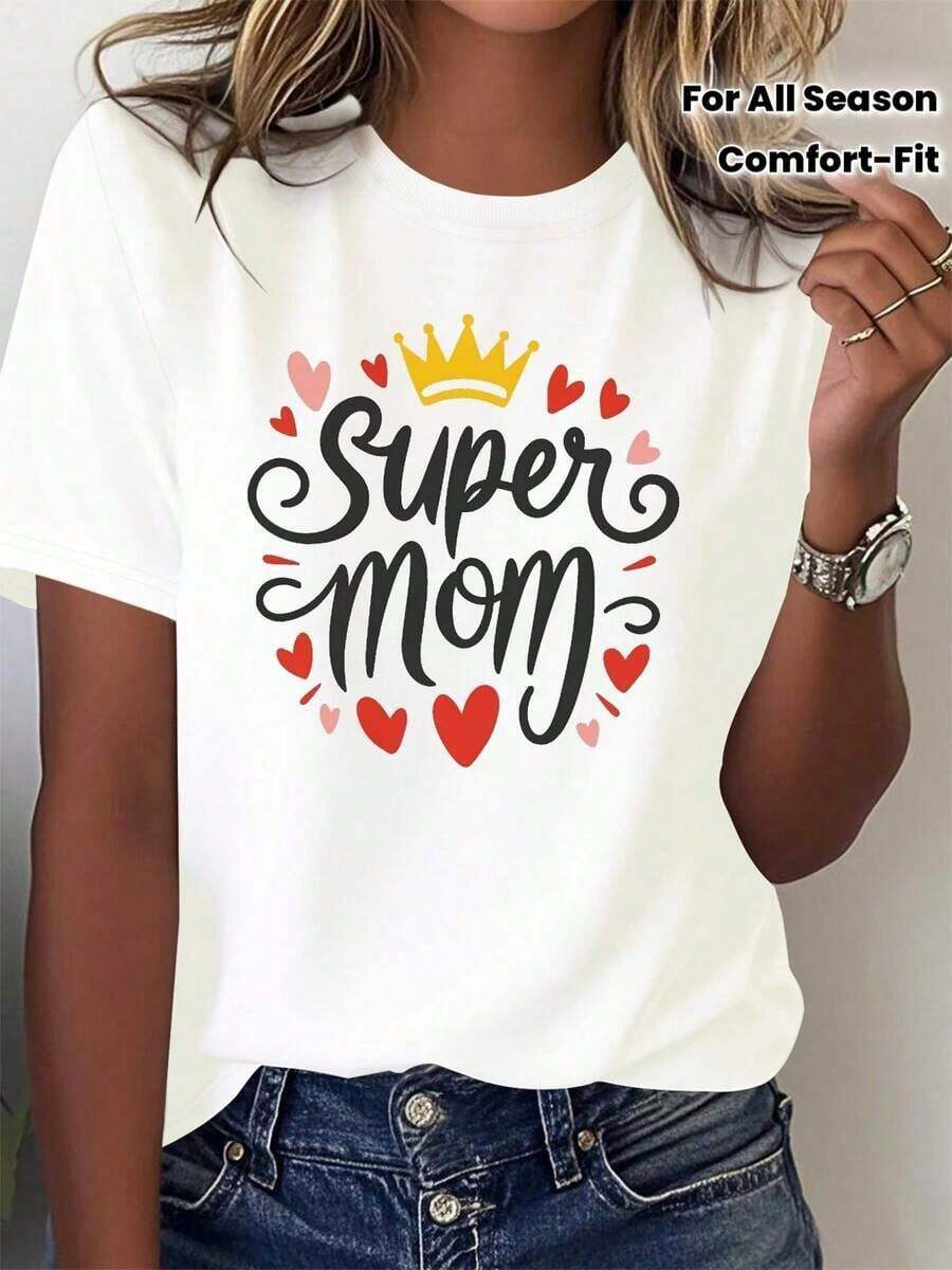 Women's "Super Mom" T-Shirt, 100% Cotton - White With Gold Lettering And Red Hearts - Comfortable, Soft, Casual Fit - Ideal Mother's Day Gift - All-Season Casual Wear - Perfect Outfit For A New Baby Or Mother's Day - Super Mom & Corniche Design In Gold And Pink, Stain Washable. Relaxed Fit: Elegant And Breathable Pure Cotton - 白色 - 查看 1