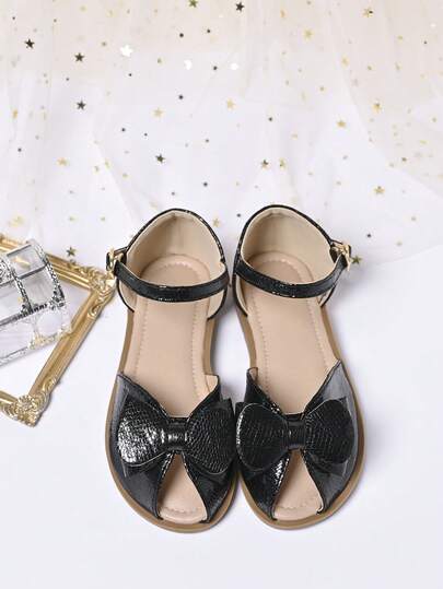 1 Pair New PU Shiny Gold Bowknot Open Toe Flat Sandals, Elegant Princess Style, Suitable For Summer Dresses, Performances, Weddings, Festivals And Daily Wear