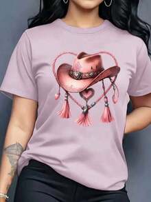 Camiseta playera gráfica dama mujer manga corta cuello redondo casual cómoda fresca ligera moderna juvenil corte regular estampado sombrero vaquero cowboy cowgirl corazón lazo cuerda boho bohemio - Lila Púrpura - Ver 6