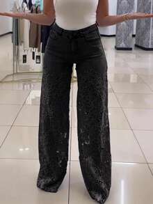 Pantalón de mezclilla nuevo de primavera-verano para mujer, tiro alto, corte ancho, de moda, elegante, versátil, con encaje calado, caída fluida, diseño favorecedor, perfecto para looks de día, oficina y ocasiones informales - Negro - Ver 5