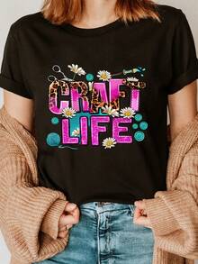 Camiseta de Cuello Redondo Estampada CRAFT LIFE, Camiseta Casual de Manga Corta, Adecuada para Primavera y Verano, Ropa de Mujer - Negro - Ver 6