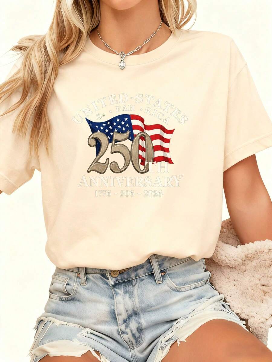 Plus Size T-Shirt Celebrating The 250th Anniversary Of U.S. Independence (1776-2026) With Stars And Stripes - Unisex Loose Fit Casual T-Shirt Suitable For Patriotic People, Historical Themed Clothing With Comfortable Crew Neck (Machine Washable) - 杏色 - 查看 1