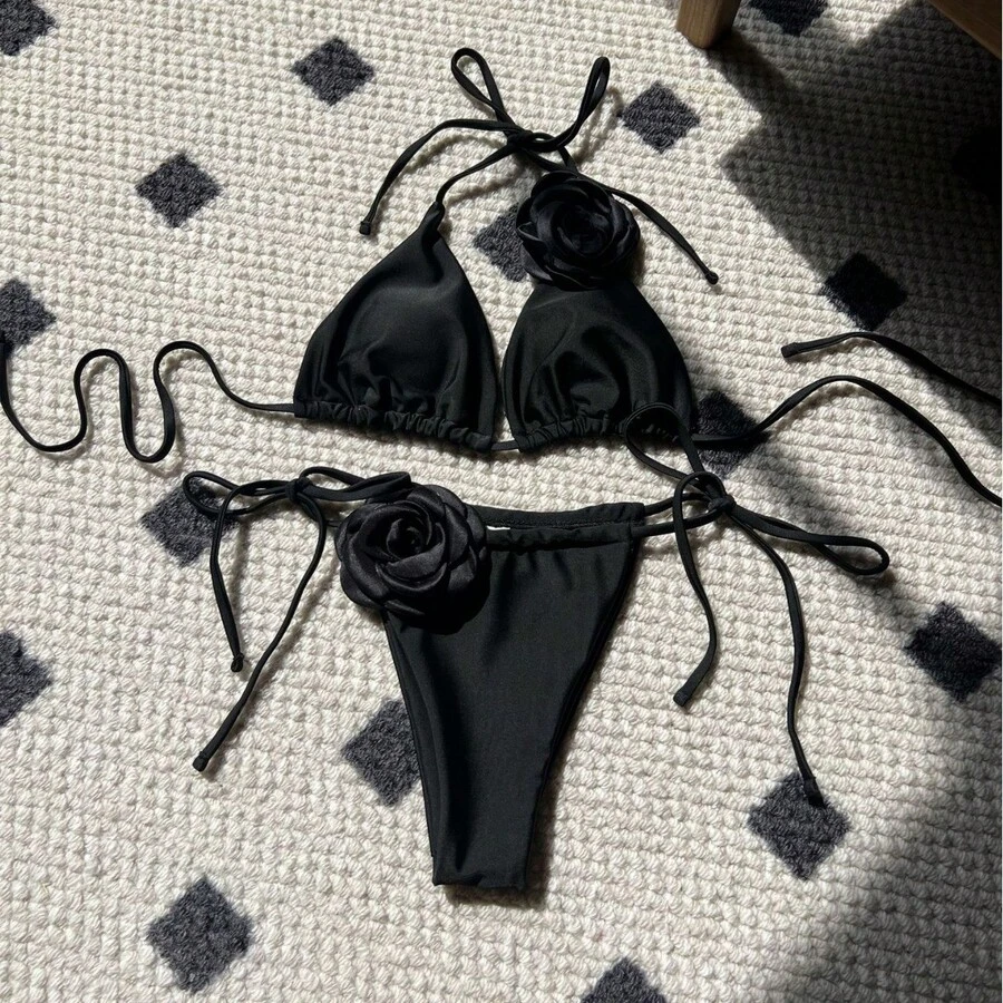 New Women's Two-Piece Swimsuit, Solid Pink Color, With Adjustable Straps. - Black - View 1