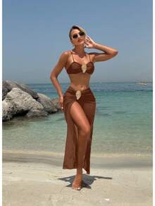 Nuevo bikini de tres piezas sin tirantes con cierre metálico de color sólido. - marrón café - Ver 1
