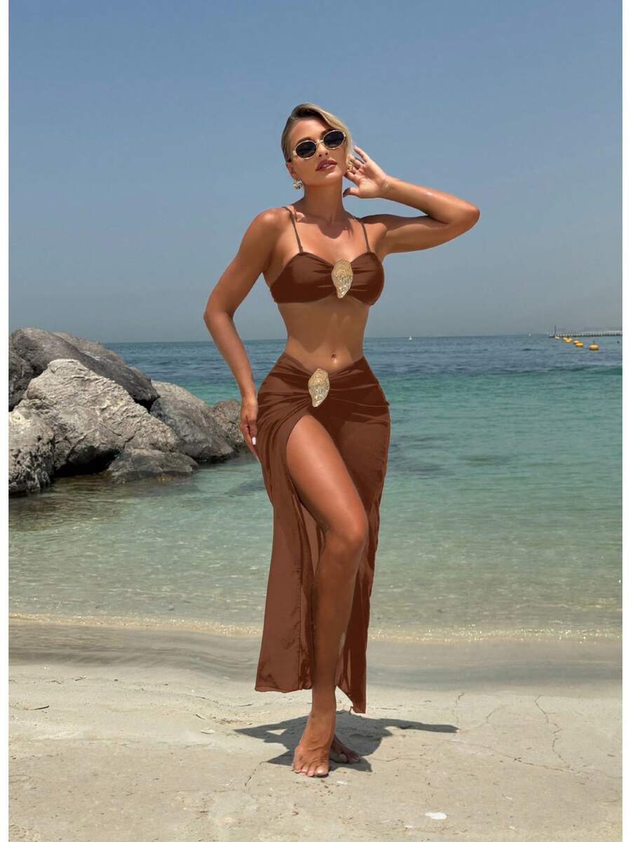 Nuevo bikini de tres piezas sin tirantes con cierre metálico de color sólido. - marrón café - Ver 1