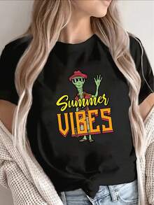 Camiseta de manga corta de poliéster puro con estampado de alienígenas - top casual de cuello redondo, ajuste cómodo, lavable a máquina, adecuada para climas cálidos, con texto llamativo y diseño colorido - se puede usar para fiestas o para el uso diario. - Negro - Ver 7