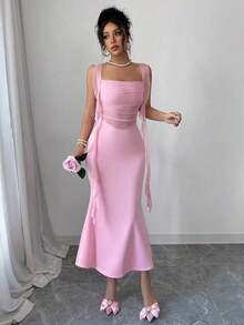 YHHElenzga Vestido ajustado y elegante de color rosa romántico con paneles de malla contrastante, estilo cola de pez y cinta, para primavera/veranoYHH - Rosa - Ver 3