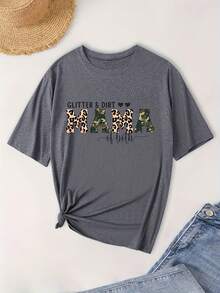 Camiseta de moda de talla grande, manga corta, con letras brillantes y cuello redondo. - Gris Oscuro - Ver 5