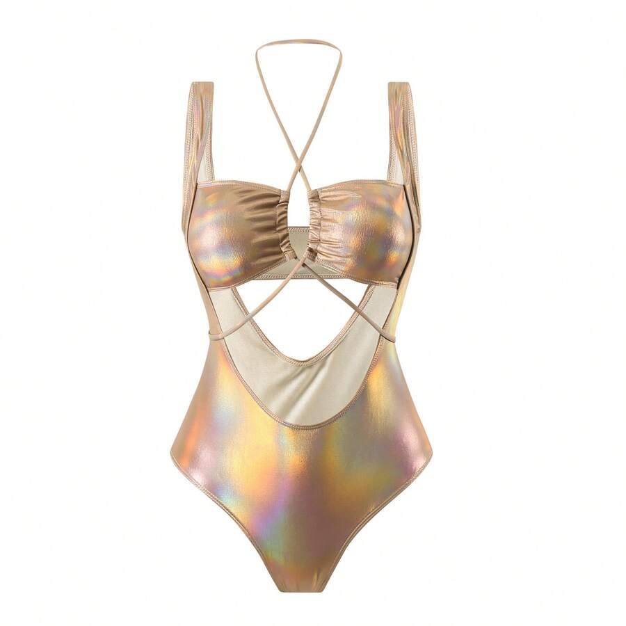 Bañador Sexy para Mujer de Una Pieza, Diseño Cut-Out con Cordones y Efecto Holográfico Brillante - Amarillo dorado - Ver 1