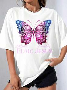 Camiseta de manga corta para mujer, camiseta blanca y negra para niña, camiseta blanca para mujer con diseño de mariposas rosas y azules y texto Amado por Jesús para uso casual, camiseta estampada para fiestas al aire libre. - Blanco - Ver 1