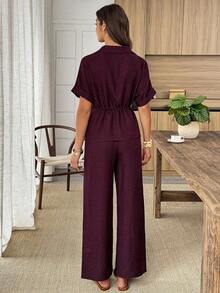Conjunto de 2 piezas de camisa y pantalones de unicolor con cordón en la cintura, estilo casual de verano - Burdeos - Ver 2