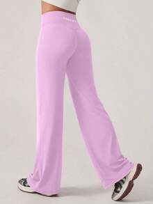 2026 TimeOff 1 pieza Pantalones deportivos de mujer minimalistas con cintura elástica, estampado de letras, pierna recta y ancha, efecto levantador V-Shape, primavera - Rosa - Ver 6