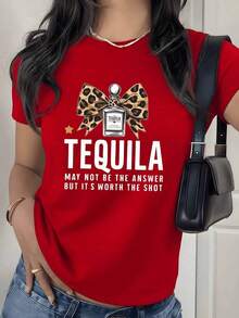 Nueva Camiseta Casual de Verano con Estampado Gráfico de Botella de Tequila y Lazo de Leopardo, 220g, 1 Pieza, Frase Divertida, Camiseta Casual de Mujer 100% Algodón, Estilo Urbano Vintage, Unisex, Holgada, de Manga Corta, Cuello Redondo - Rojo - Ver 1