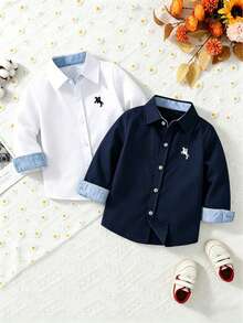2pcs Young Boy Casual Versatile Horse Embroidery Contrast Collar Long Sleeve Shirts - Multicolor - View 1