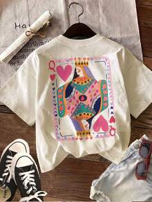 Edición Limitada, Camiseta Casual de Verano para Mujer con Estampado de Doble Cara, Estilo Ilustrado, Estampado de Naipes, Corazón, Reina, Cuello Redondo, Manga Corta, Algodón Ligero - Blanco - Ver 11