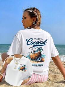 Camiseta de manga corta informal para mujer, estilo retro americano, para vacaciones de verano en la playa, 100% algodón, holgada, con estampado doble de palmeras, olas de coco y el paraíso en la playa en la parte delantera y trasera. Camiseta de manga corta transpirable para mujer adulta, ideal para la temporada de regreso a clases, adecuada para actividades al aire libre, regalo ideal. - Negro - Ver 11