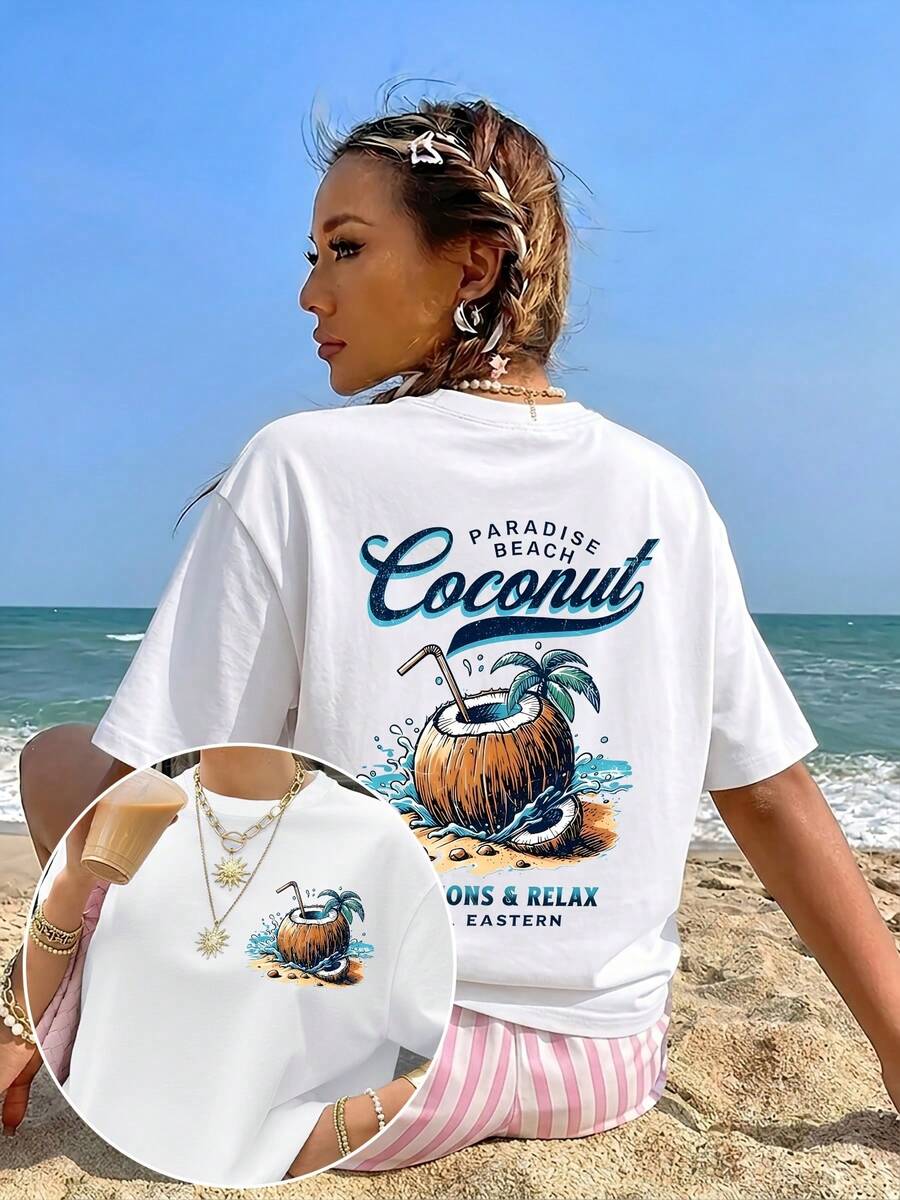 Women's Casual Short-Sleeve T-Shirt, American Retro Style, Perfect For Summer Beach Vacations. Made Of 100% Cotton, This Loose-Fitting T-Shirt Features A Double-Sided Print Of Palm Trees, Coconut Waves, And A Beach Paradise On The Front And Back. Breathable And Ideal For Back-To-School Season, It's Also Suitable For Outdoor Activities And Makes A Great Gift. - 白色 - 查看 1