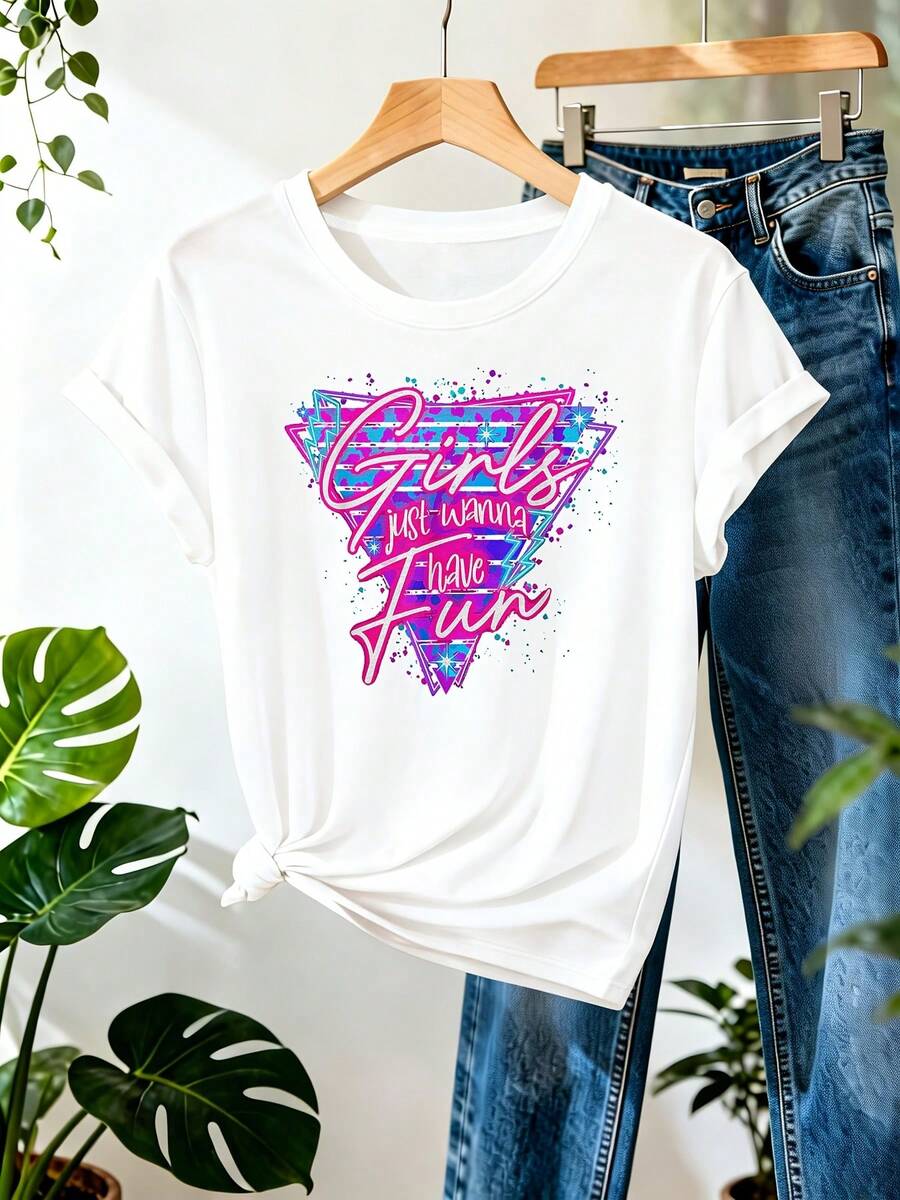 [Camiseta retro mujer 80s] Camiseta retro de los 80 con estampado geométrico y mensaje "Just Wanna Have Fun" para mujer, cuello redondo, manga corta, semi-transparente, estilo vintage, cómod - Blanco - Ver 1