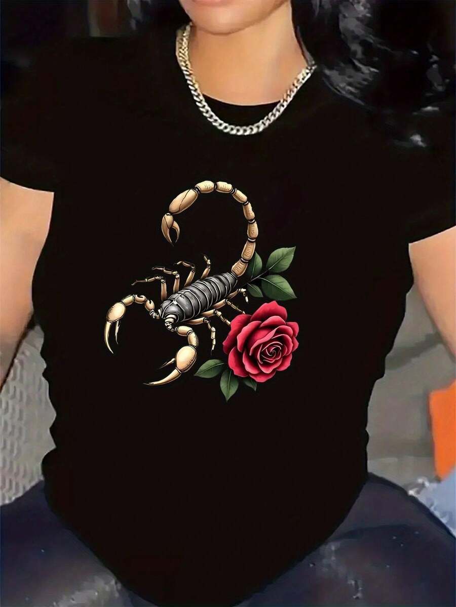 Camiseta de manga corta de poliéster con diseño de escorpión y rosa para uso en restaurantes, colorido, tejido duradero y ligero, perfecto para cenas informales y uso diario, ajuste cómodo y apariencia elegante. - Negro - Ver 1