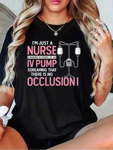 Funny Nurse T-Shirt With Infusion Pump Print - Casual Short Sleeve Top For Healthcare Professionals, Crew Neck (Black, Gray, White, Dark Red) - Ideal For Starting Conversations With Healthcare Workers, 100% Cotton - 黑色 - 查看 5