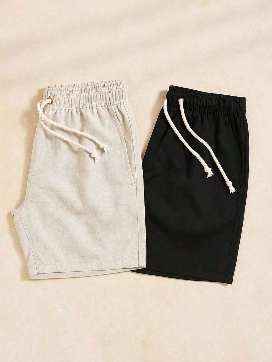 Set Of 2 Men's Premium Linen Casual Bermuda Shorts, Comfortable For Beach, Summer, And New Year's Eve. - 黑色 - 查看 1