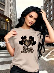 Combinación de salvajismo y ternura, estampado de patrón de globo en forma de corazón negro con estampado de leopardo, moda y , camiseta de mujer de manga corta casual de cuello redondo simple, adecuada para actividades como ocio, turismo y vacaciones 13419- Uso diario, fácil de lavar y mantener - Albaricoque - Ver 2