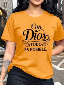 A Classic, Inspirational Religious Phrase In Spanish: "With God, All Things Are Possible." The Letter Print Is  And Stylish; This Simple, Casual, And Versatile Women's Short-Sleeved T-Shirt With A Round Neck Is Suitable For Leisure, Travel, Vacations, And Other Activities. STWB - 橘色 - 查看 6
