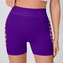 Pantalones cortos deportivos calados de verano, mallas tejidas sin costuras, entrenamiento de gimnasio, pantalones cortos elásticos de cintura alta, pantalones de gimnasio sexis para realzar la cadera - Morado - Ver 5
