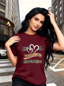 Glitter Heart Print T-Shirt With Leopard Print Design,  And Breathable, Suitable For Family Trips, School Activities, Casual Sports, Daily Commutes, Matching Sister Outfits, Versatile T-Shirt. 9XO7 - 紅色 - 查看 2