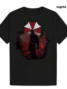 Camiseta gráfica de anime con paraguas para hombre  Negra con detalle rojo, camiseta ligera de verano, cuello redondo, corte casual, dise?o de estampado llamativo, tejido duradero, ideal para cosplay - Negro - Ver 1
