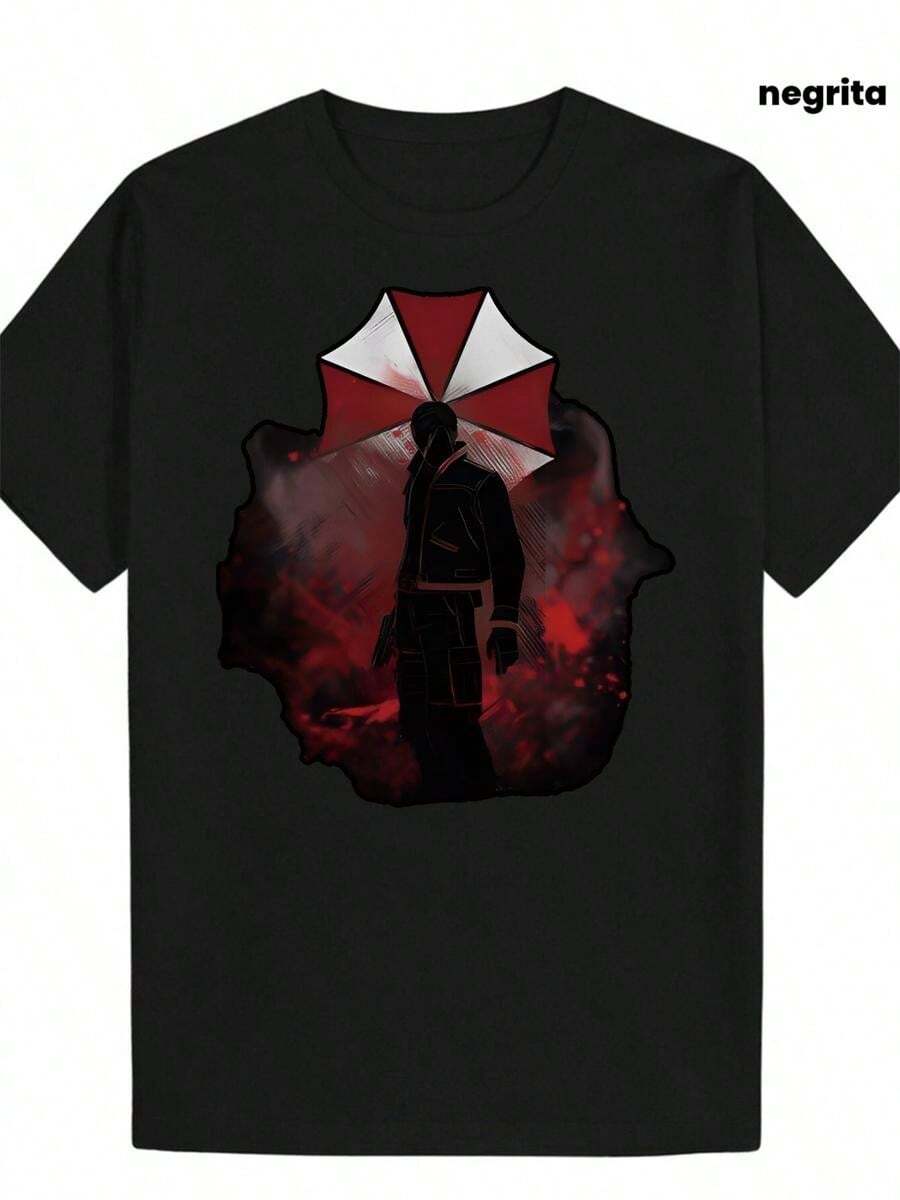 Camiseta gráfica de anime con paraguas para hombre Negra con detalle rojo, camiseta ligera de verano, cuello redondo, corte casual, dise?o de estampado llamativo, tejido duradero, ideal para cosplay - Negro - Ver 1