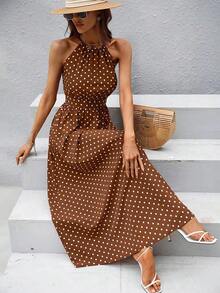 Vestido largo con estampado de lunares y cuello halter para mujer - Marrón - Ver 6