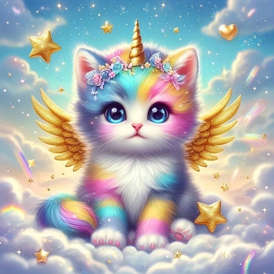DIY 5D钻石画套装:星空下的独角兽猫 - 大尺寸钻石画工具套装,适合成人和初学者,无框设计,全圆形钻石艺术刺绣,十字绣画,墙面装饰,家居装饰钻石艺术品,专属节日礼物 - 圓鑽 - 查看 1