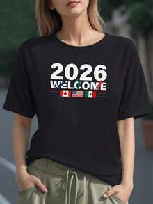 Bienvenida 2026 con figuras de futbolistas y banderas de Canadá Estados Unidos y México simbolizando unión deportiva camiseta para mujer 100% algodón - Negro - Ver 6