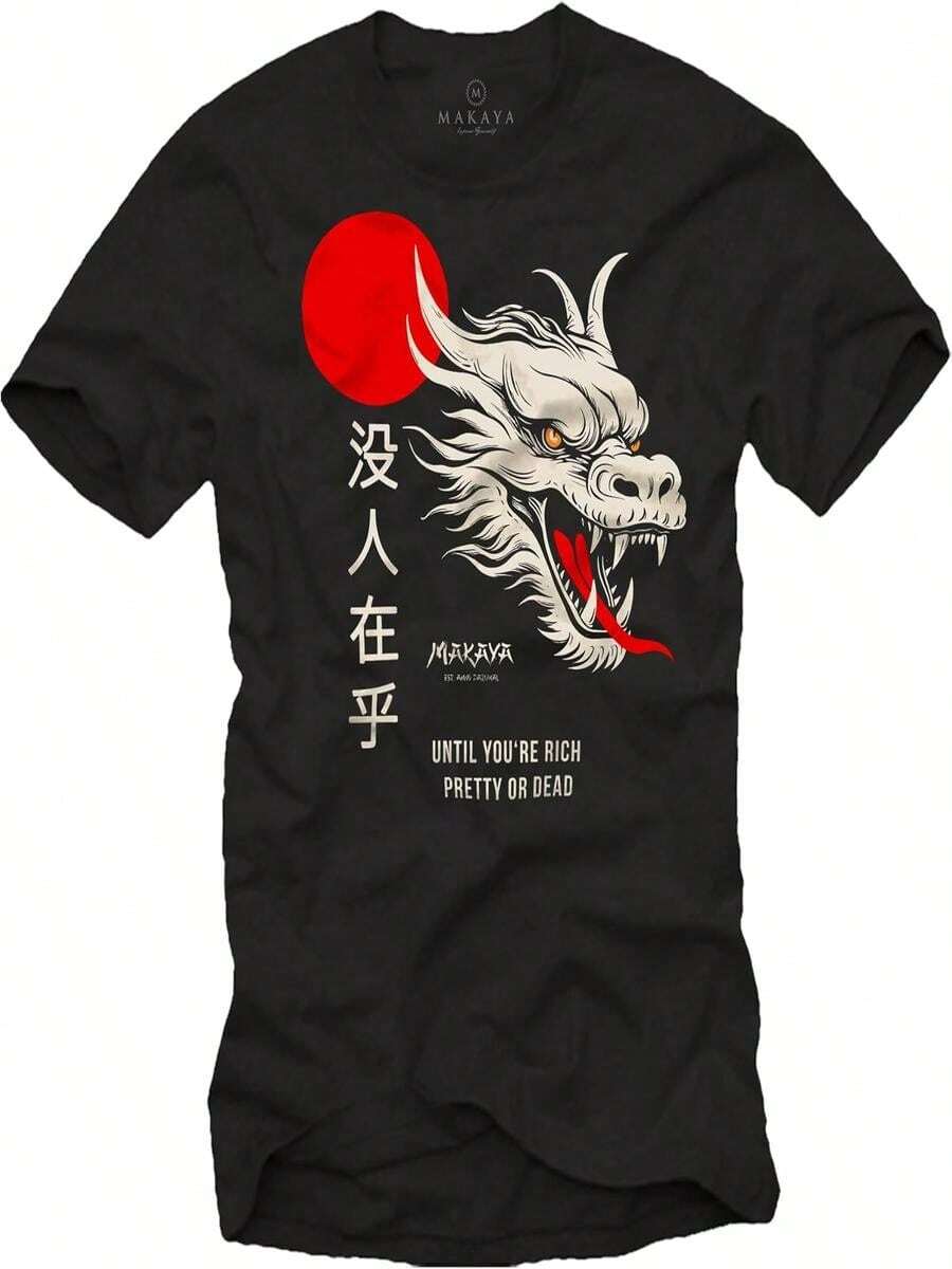 MAKAYA Camiseta Dragón Símbolo Japon Dibujo Japonesa Mensaje Gracioso T-Shirt Vintage - Negro - Ver 1