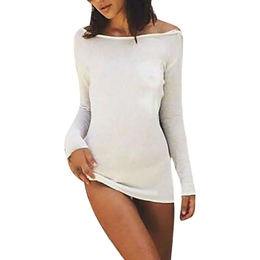 Vestido de fiesta de noche blanco con espalda descubierta para mujer, minivestido informal holgado de manga larga de Color sólido para vacaciones y Club - BLANCO - Ver 1